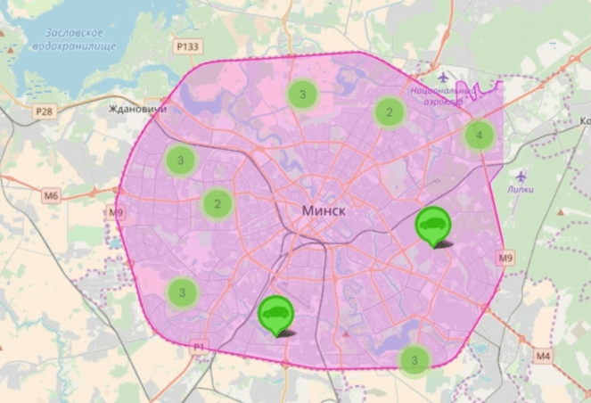 Зона покрытия каршеринга в Минске